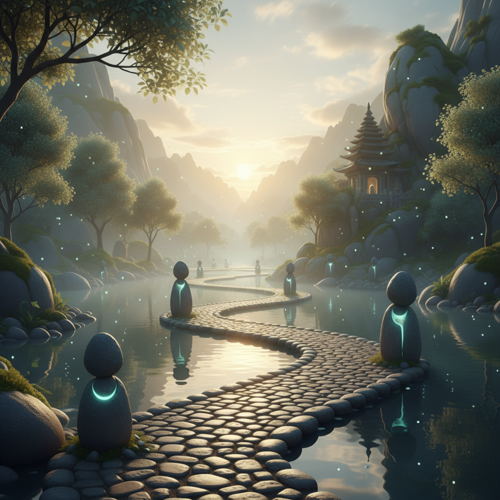 A winding path made of smooth, flat stones leading through a misty, serene landscape towards a distant, soft light.