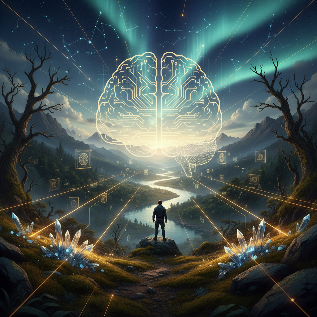 Abstract illustration depicting neural pathways connecting a vivid, multi-sensory scene on one side and a less defined, abstract goal on the other, emphasizing clarity and detail.