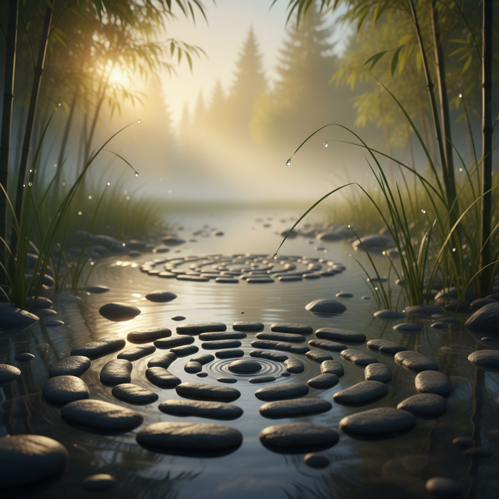 A person with headphones on, eyes closed, in a serene natural setting like a forest or by a calm lake, suggesting deep listening and introspection.