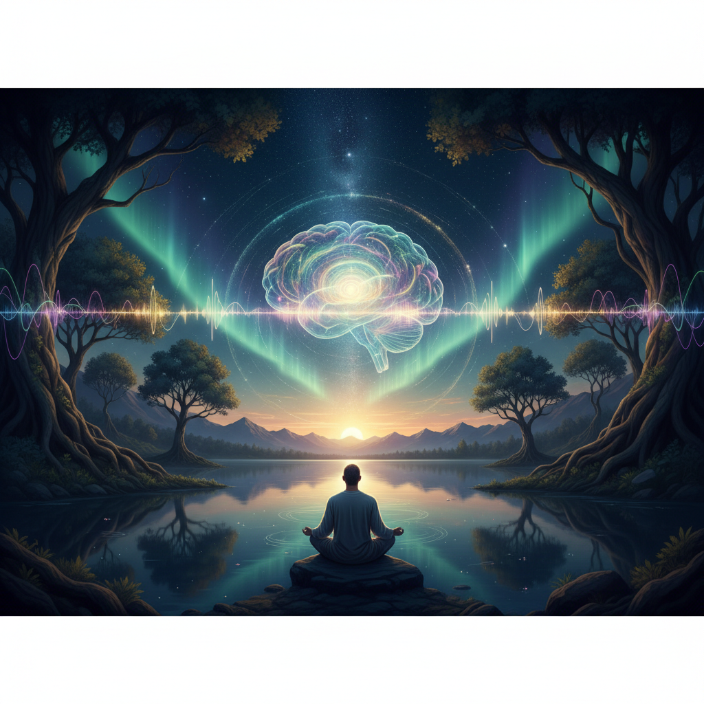 Abstract illustration of sound waves intertwining with neural pathways in a brain-like shape