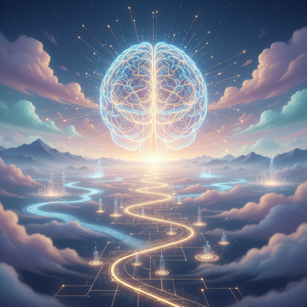 A complex blueprint overlayed with ethereal, glowing lines and geometric shapes, suggesting intricate design and mental pathways.