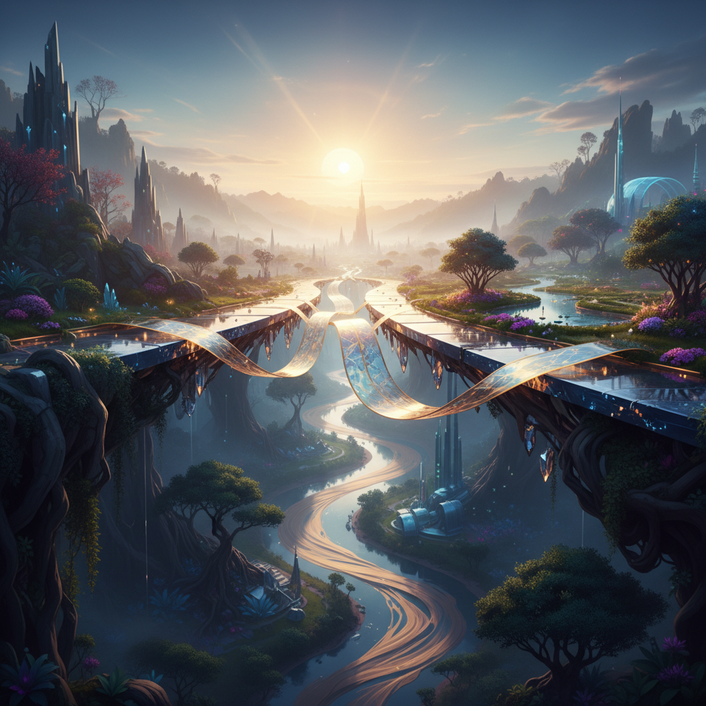 An abstract, ethereal image depicting a glowing bridge spanning from a murky foreground to a bright, clear background, symbolizing the connection between present action and future achievement.