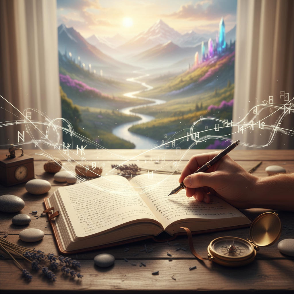A person's hands holding a pen over a notebook, bathed in warm sunlight, suggesting reflection and intention.