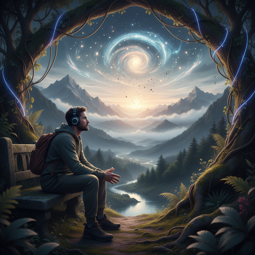 A person with headphones on, eyes closed in contemplation, bathed in soft, warm light.