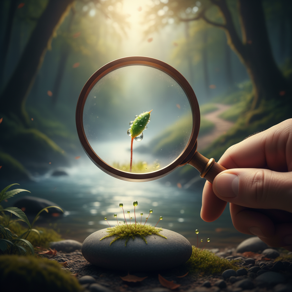 A close-up shot of a single magnifying glass precisely focused on a small, distinct object on a blurred background, symbolizing clarity and precision.