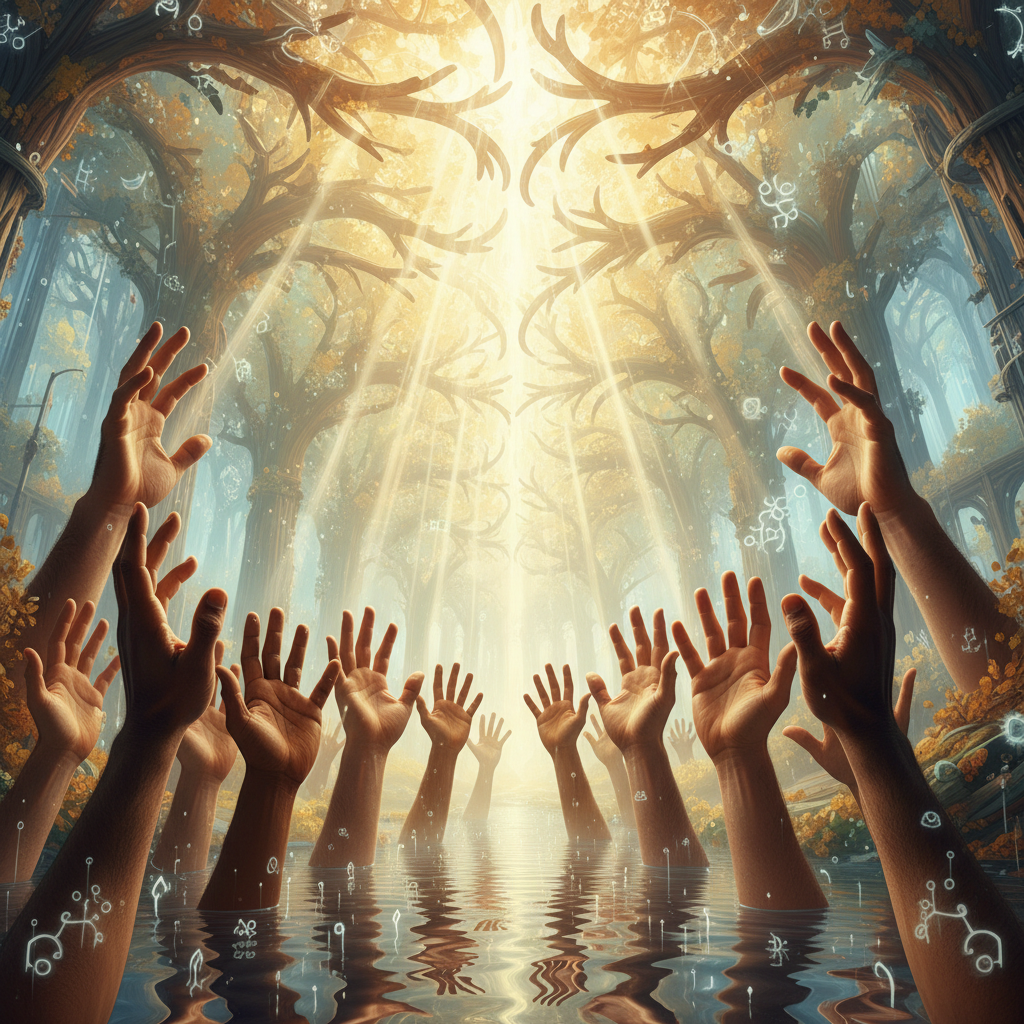 Multiple hands reaching upwards towards a soft light, symbolizing shared aspiration and connection.