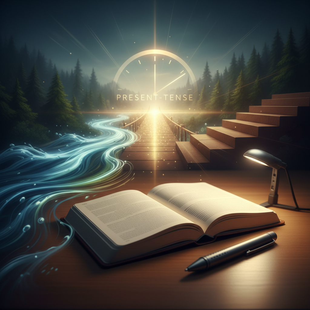 An open journal with a pen resting on it, bathed in soft, natural light on a clean desk.