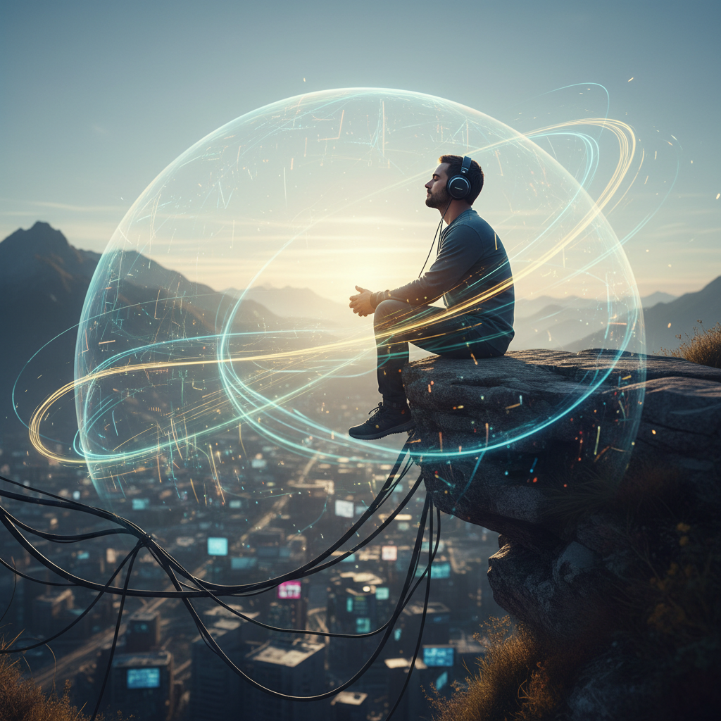 A person with closed eyes, wearing headphones, deeply focused and listening, surrounded by a soft, calming light.