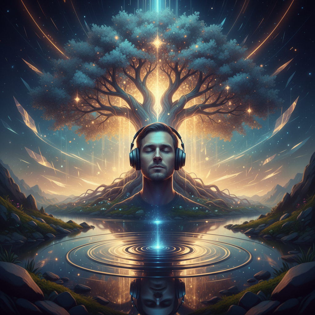 Abstract image of light lines flowing towards a human ear, symbolizing focused listening and internal attention, with a soft, warm glow.