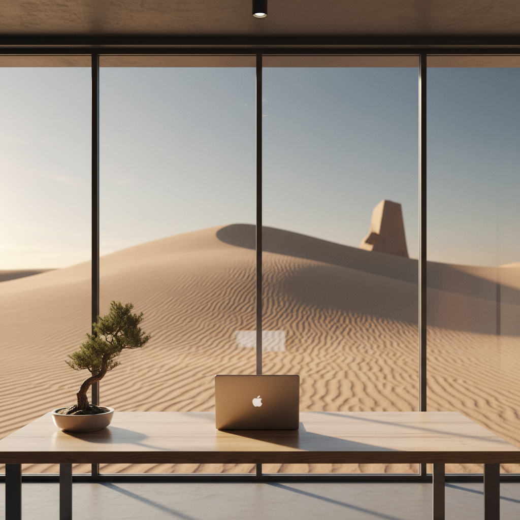 A serene, sunlit desk with a notebook and a small plant, representing focus and clarity.