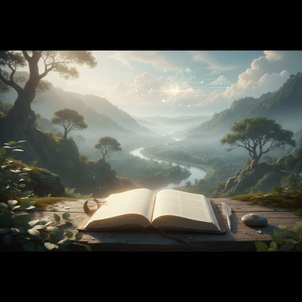 A tranquil scene with soft morning light illuminating an open journal with an elegant pen resting on it, beside a steaming cup of tea, implying a gentle start to the day.