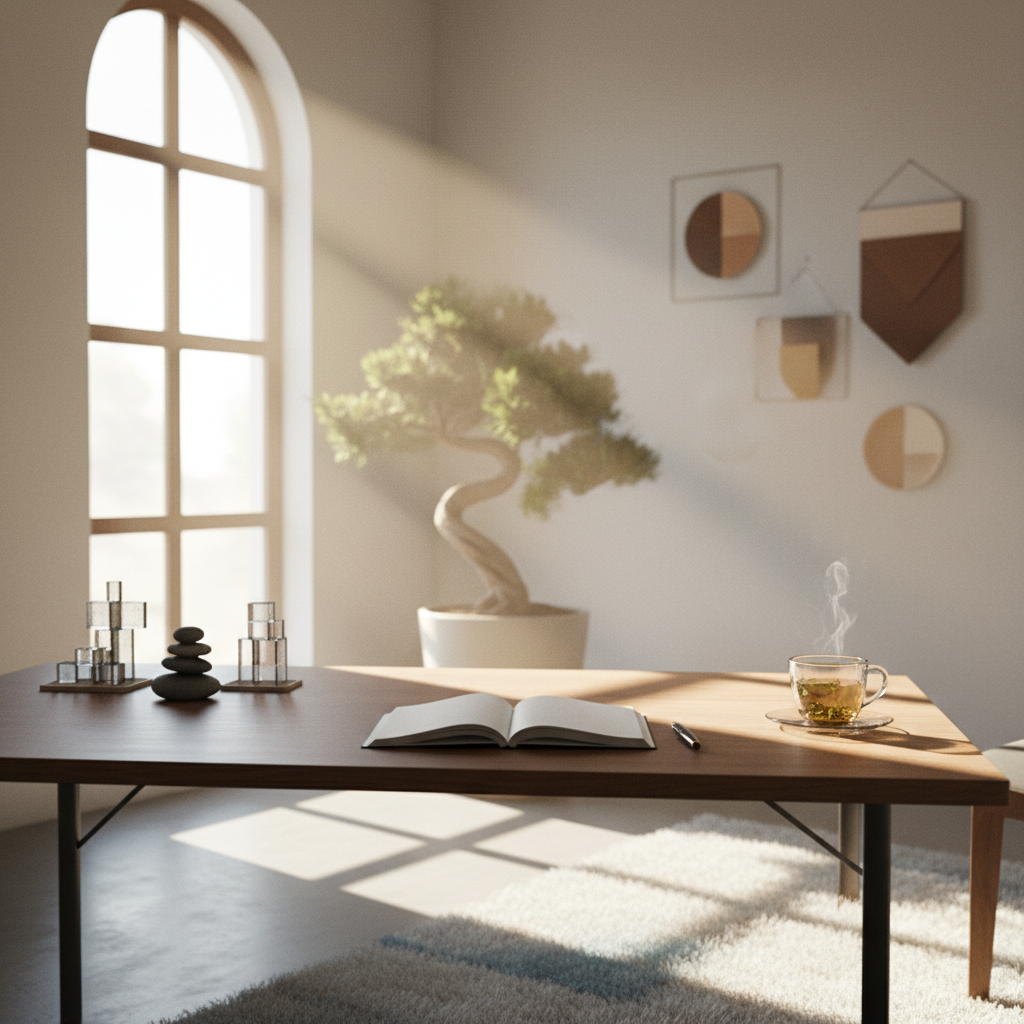 Soft morning light illuminating a quiet, uncluttered space, suggesting calm and intention.