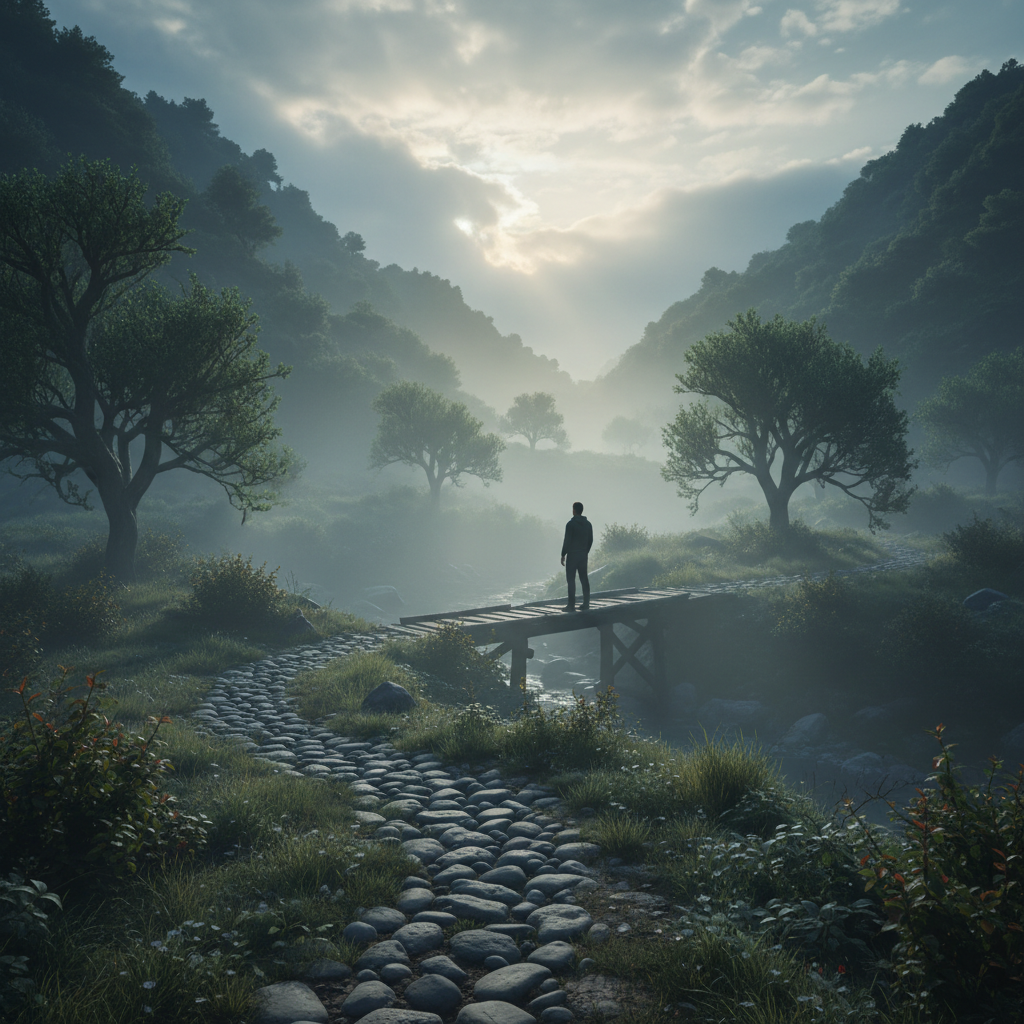 A peaceful, slightly foggy landscape at dawn, with soft light and gentle colors, symbolizing calm and clarity.