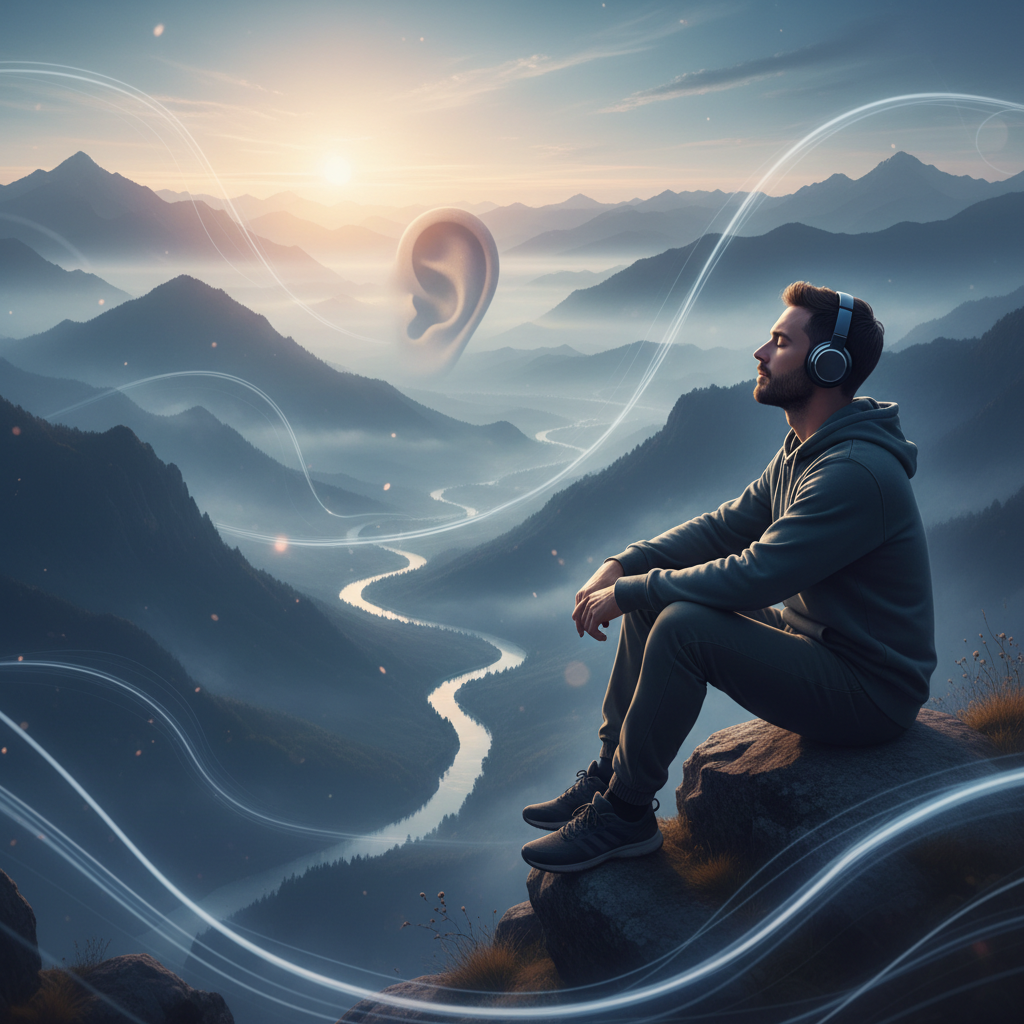 A person with headphones on, eyes closed in concentration, bathed in soft light, suggesting deep listening and introspection.