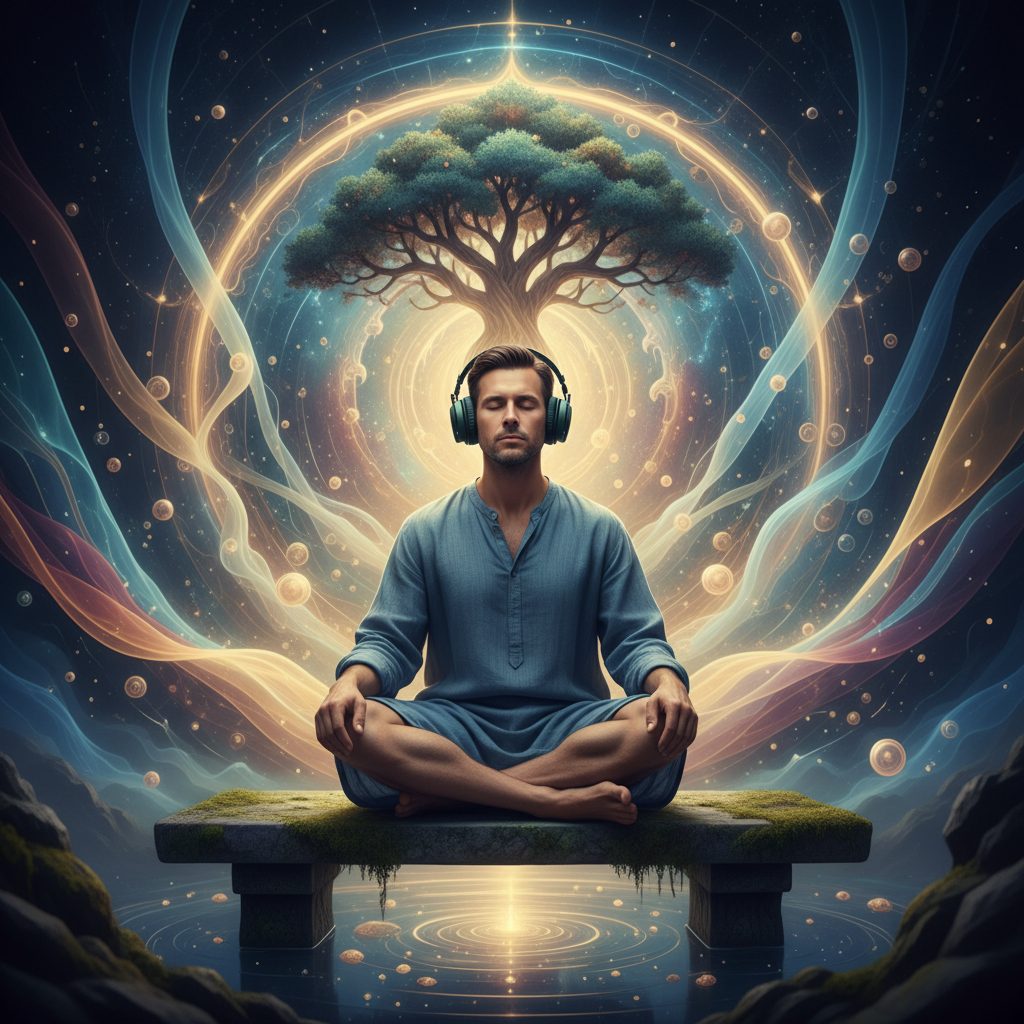 Abstract illustration of sound waves or light rays emanating from a person's head, suggesting deep listening or thought, with a soft, warm color palette.