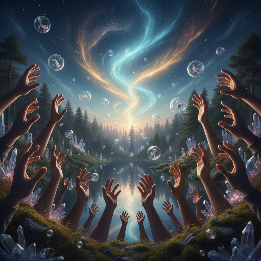 Several hands, some darker-skinned, some lighter-skinned, gently reaching upwards towards a soft, glowing light, symbolizing shared aspiration and connection.