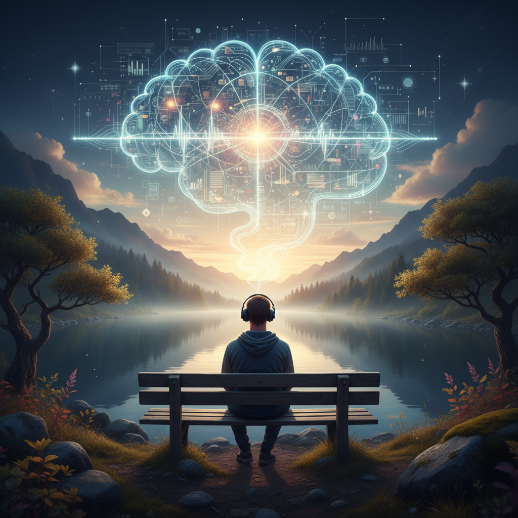 A person sitting quietly with headphones, looking contemplative, with abstract light patterns suggesting thought or sound waves around their head.