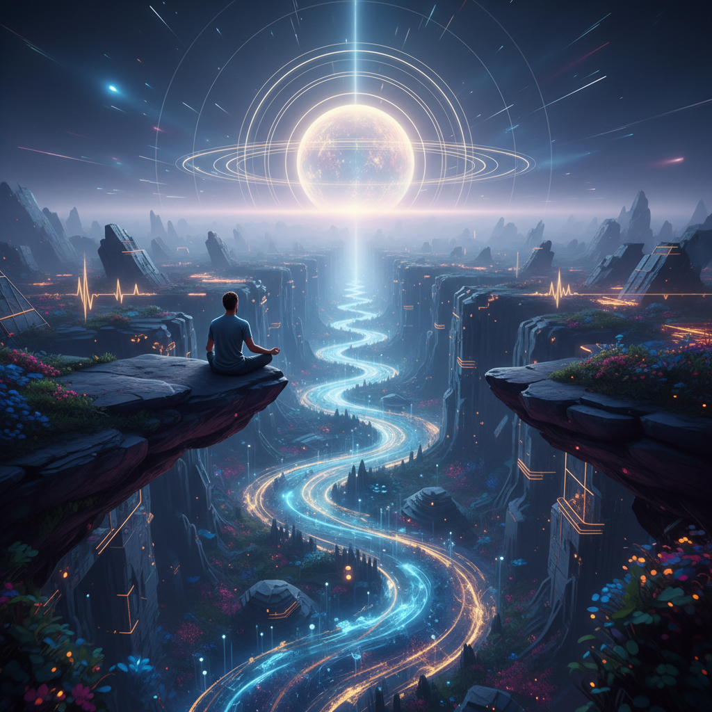Abstract image showing gentle, flowing lines representing brain waves or focused energy, with a soft glow in the center, conveying calm and concentration.