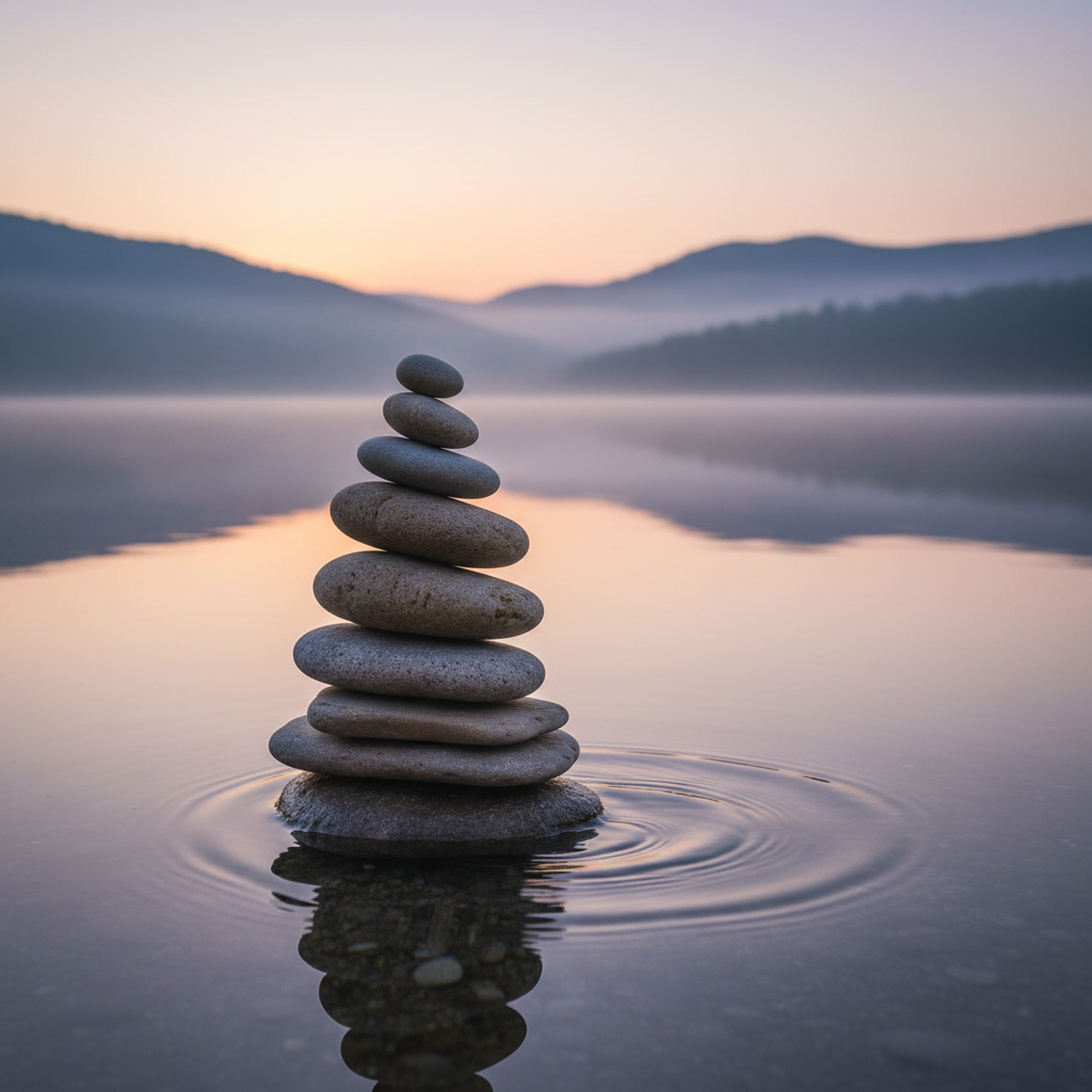 Perfectly balanced stack of smooth grey stones by a calm lake at sunrise, symbolizing stability and consistency.