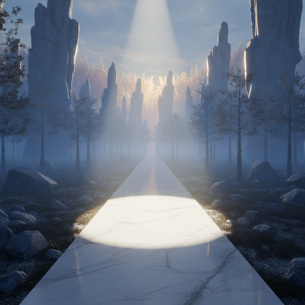 A single, bright spotlight illuminating a clear path forward, with the background fading into a soft, indistinct mist, symbolizing focused clarity amidst numerous possibilities.