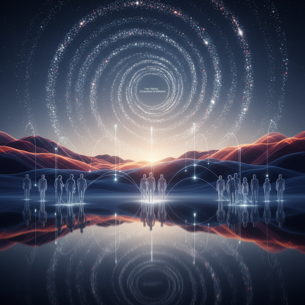 Abstract illustration of interconnected thought bubbles or sound waves, suggesting shared ideas and communication within a community.