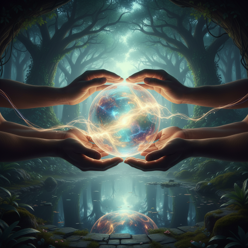 Abstract image of multiple hands reaching towards a central glowing light, symbolizing shared inspiration and collective energy without showing faces or specific people.