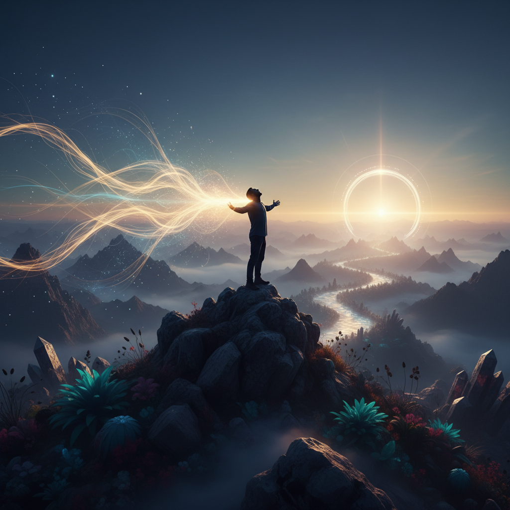 A stylized silhouette of a person's head with sound waves emanating from their mouth, surrounded by soft, glowing light, suggesting inner voice and manifestation.