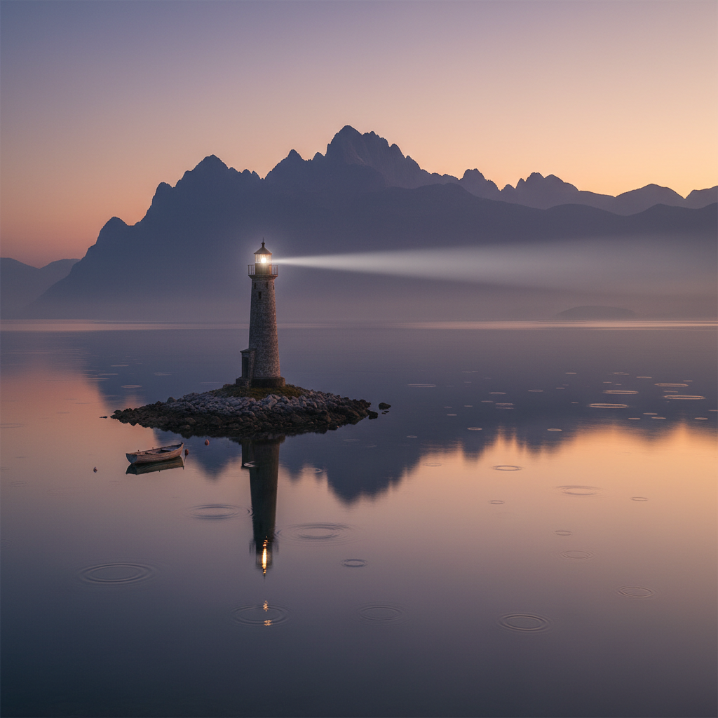 A lighthouse casting a steady, consistent beam of light across a calm, evening sea.
