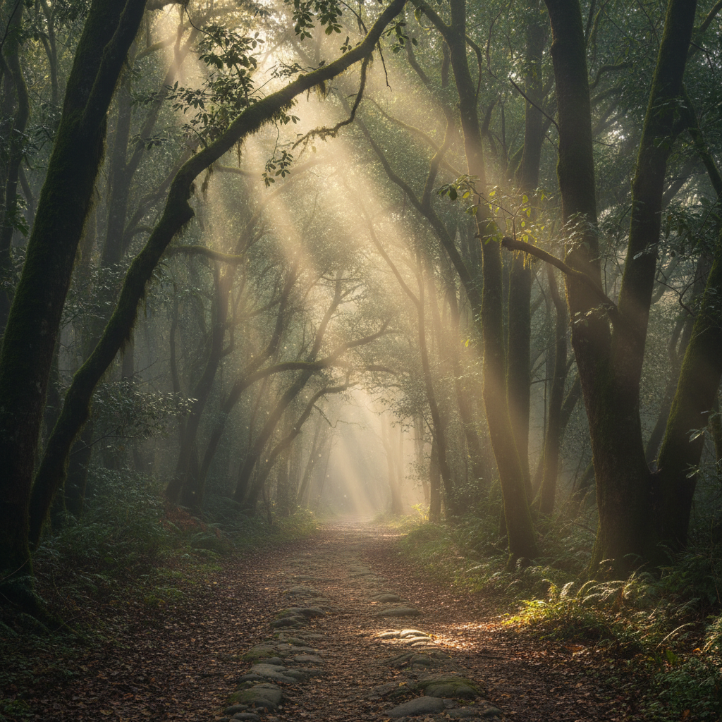 A winding path disappearing into a misty forest, with beams of sunlight piercing through the canopy, suggesting a journey with a clear, luminous destination.