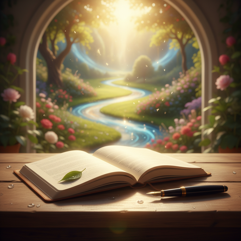 A sunlit desk with an open notebook and a pen, suggesting focused work and calm contemplation.