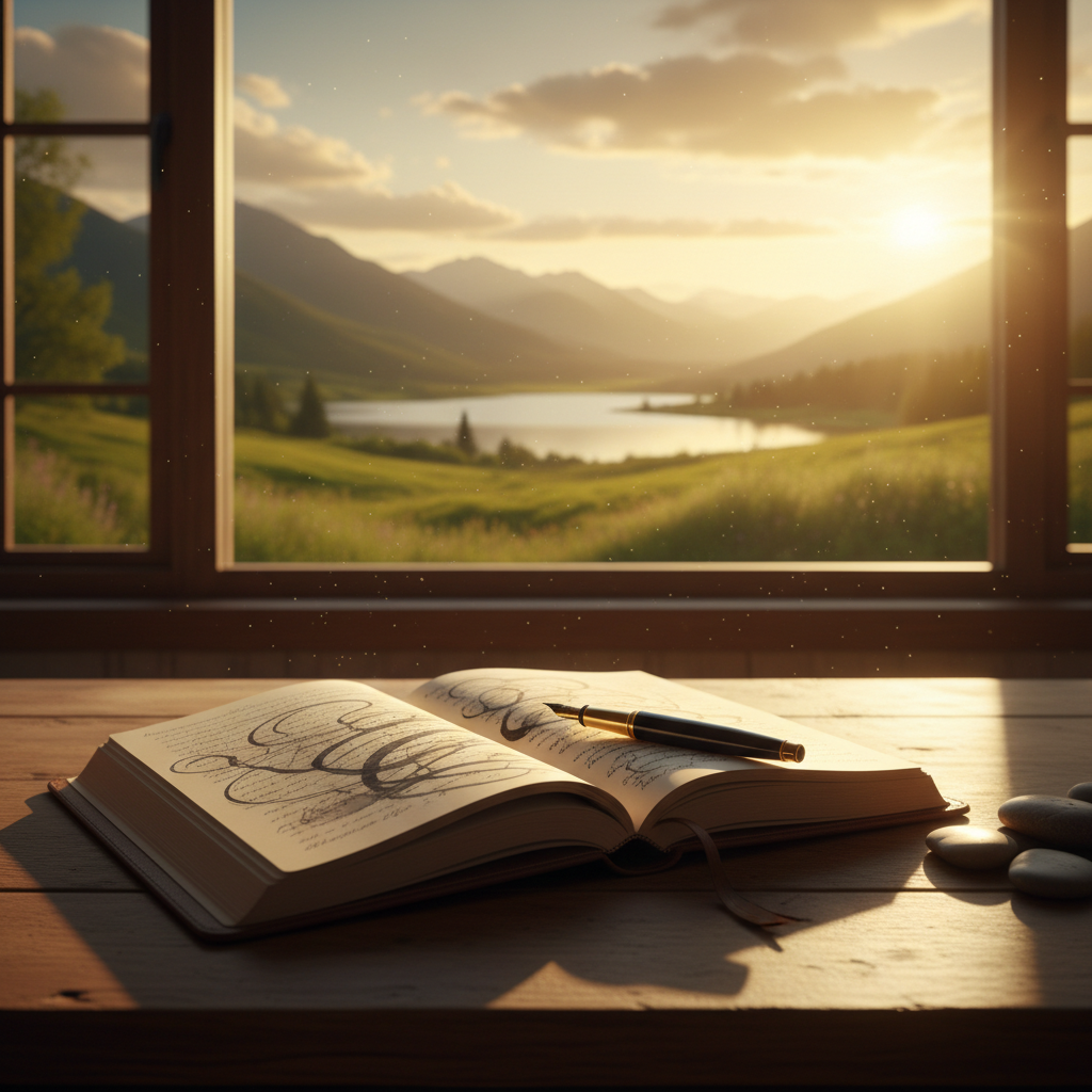 An open journal on a wooden desk, with a pen resting beside it, bathed in warm sunlight. The page is blank, inviting new thoughts.