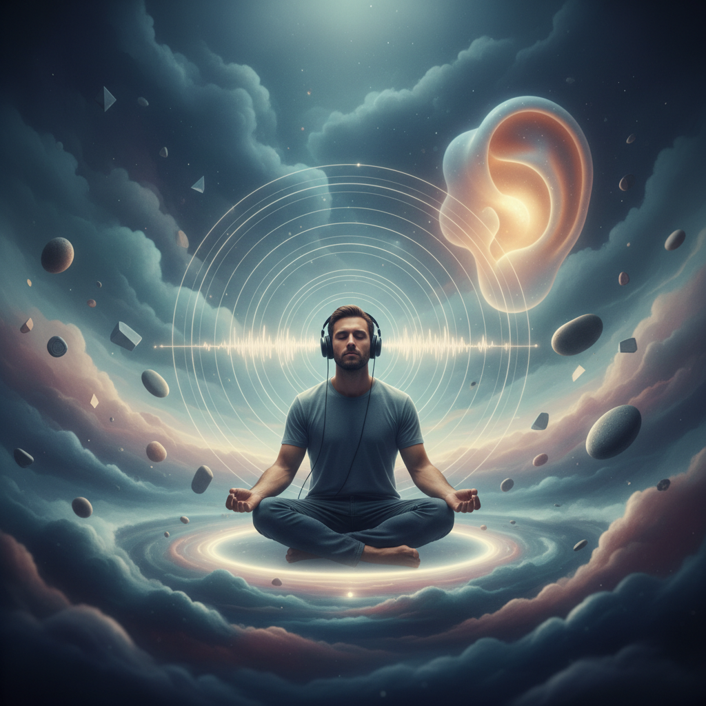 A person with headphones on, eyes closed in concentration, bathed in soft light, suggesting deep listening and introspection.