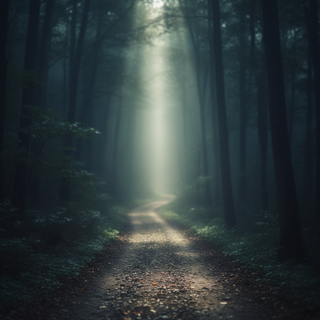 A single beam of light illuminating a clear path ahead in a slightly hazy environment, symbolizing focus and clarity.