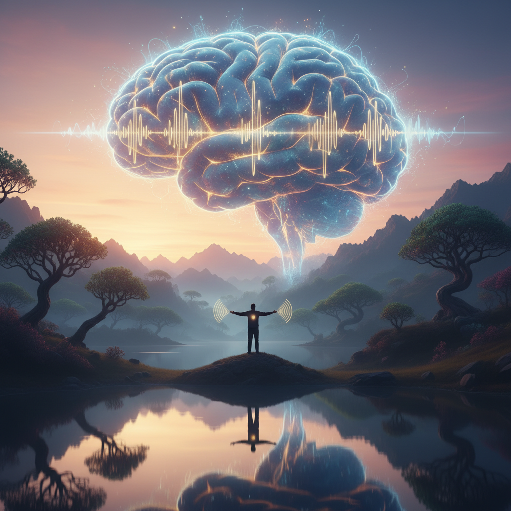 Abstract image of interconnected neural pathways with subtle sound wave patterns, symbolizing the link between voice, thought, and identity transformation.