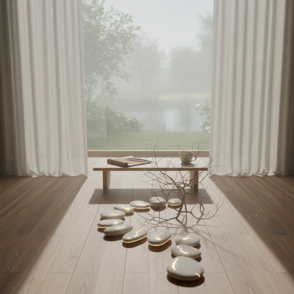Soft, diffused morning light filtering into a quiet, uncluttered room, creating a sense of calm and introspection.