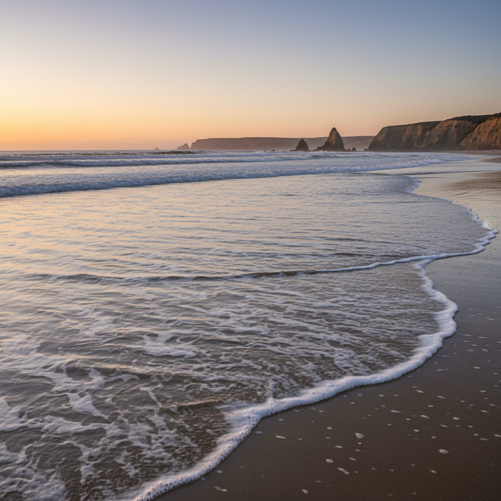 Gentle waves consistently lapping on a sandy shore at sunrise