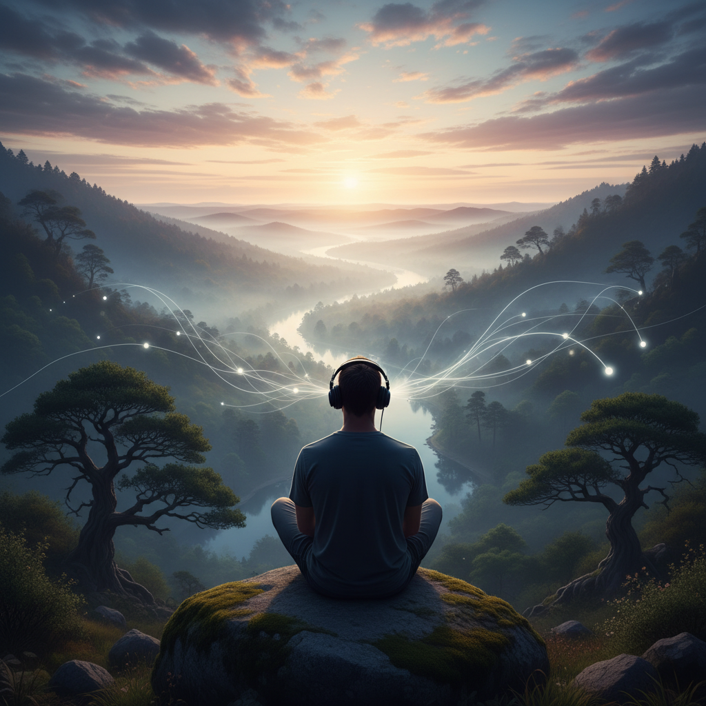 Person with headphones looking out at a serene, misty forest, embodying calm and focused listening.