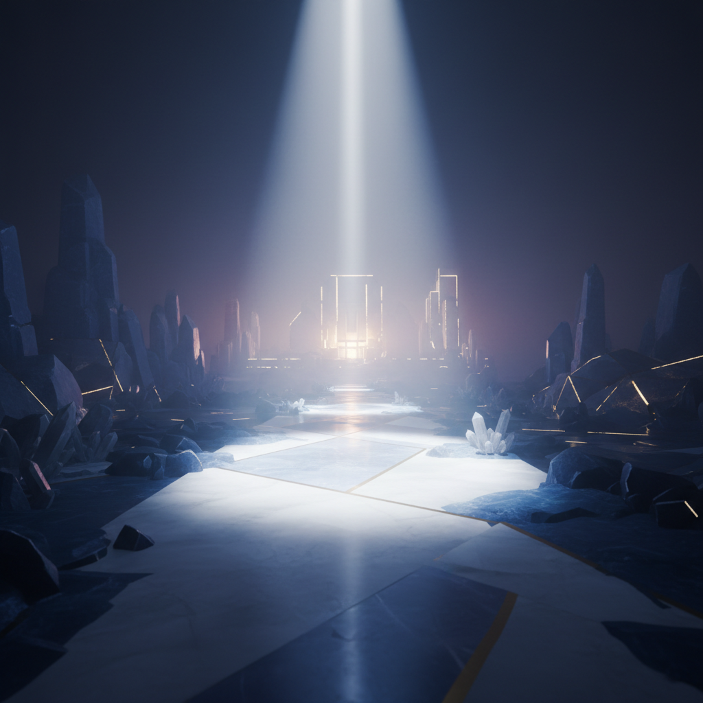 A single, focused beam of light illuminating a clear, uncluttered path forward, symbolizing clarity and focus.
