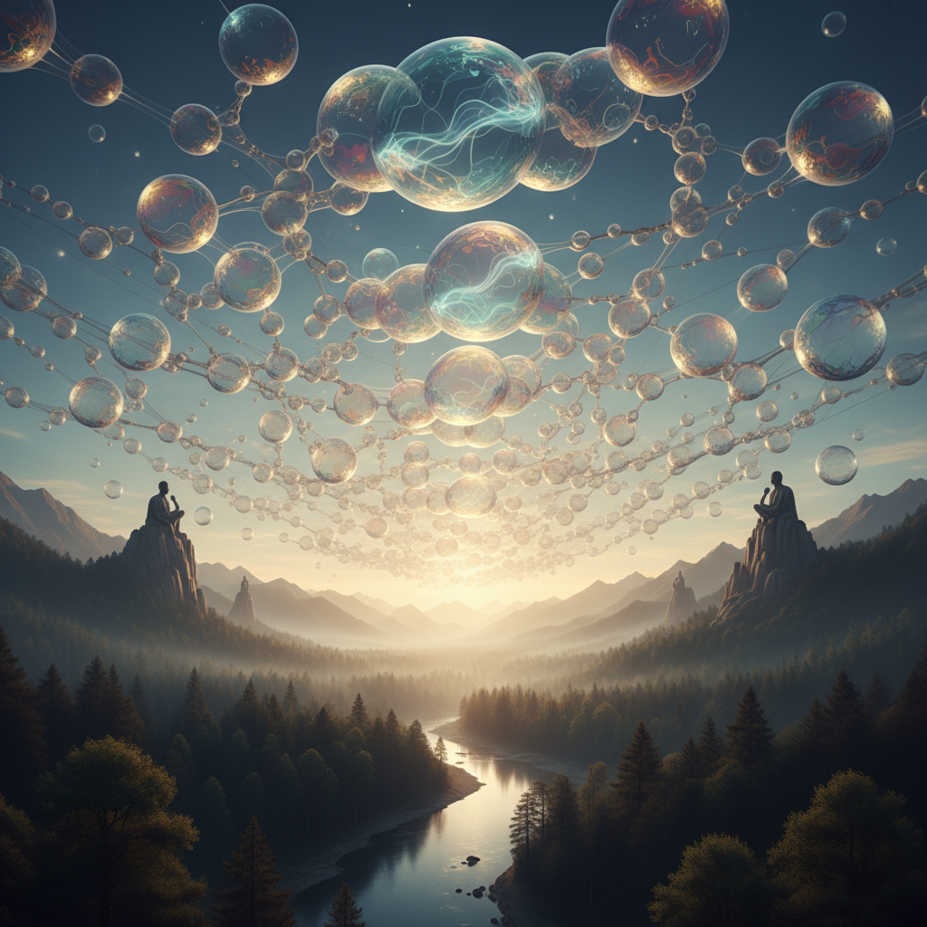 Stylized abstract illustration of interconnected light or thought bubbles, representing shared ideas and community learning without showing faces.