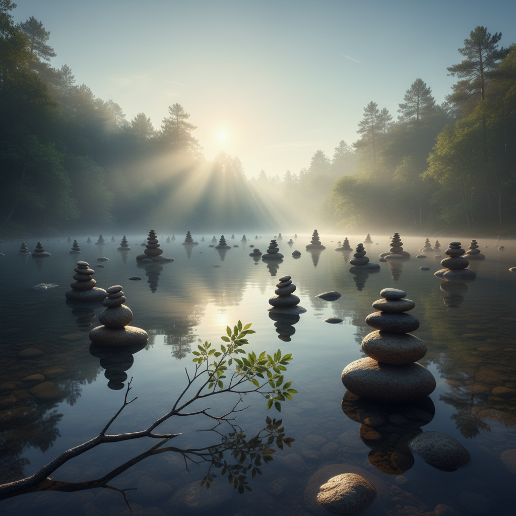 A soft, diffused light illuminating a single, small, smooth stone on a wooden surface, suggesting a gentle daily reminder.