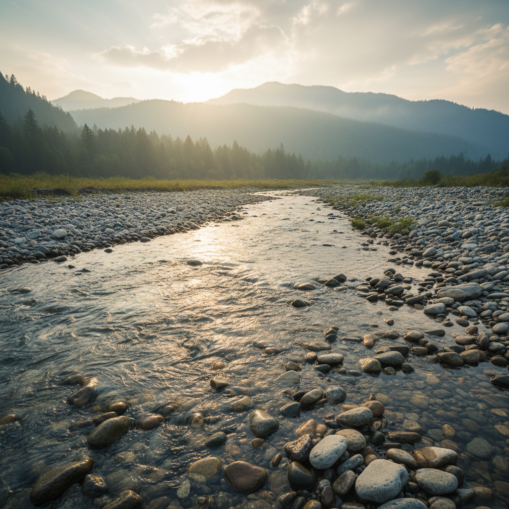 A serene image of a calm river flowing gently over smooth rocks, illustrating consistent, quiet progress.