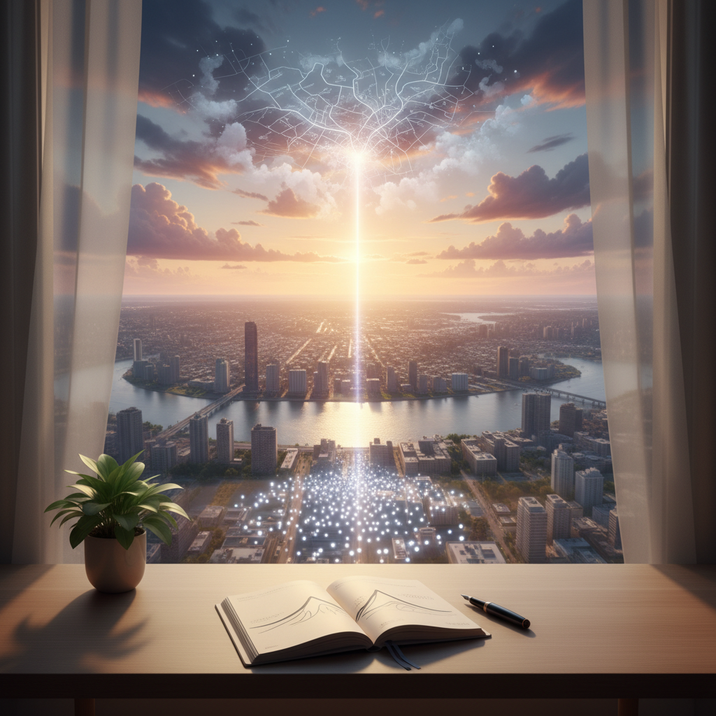 A minimalist desk with a laptop and a pen, looking out onto a blurred city skyline from a high-rise window, bathed in soft, early morning light.