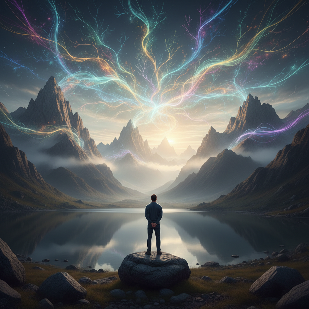 Abstract illustration of interconnected thought bubbles and sound waves, symbolizing shared ideas and communication.
