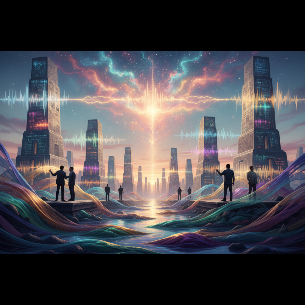 Abstract illustration of interconnected sound waves forming a subtle pattern, suggesting community and shared expression.