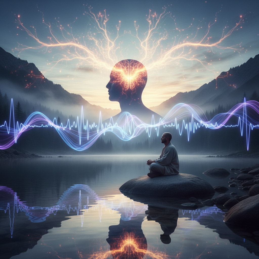 Abstract illustration of interconnected thought patterns and sound waves, symbolizing internal dialogue and identity shifts.