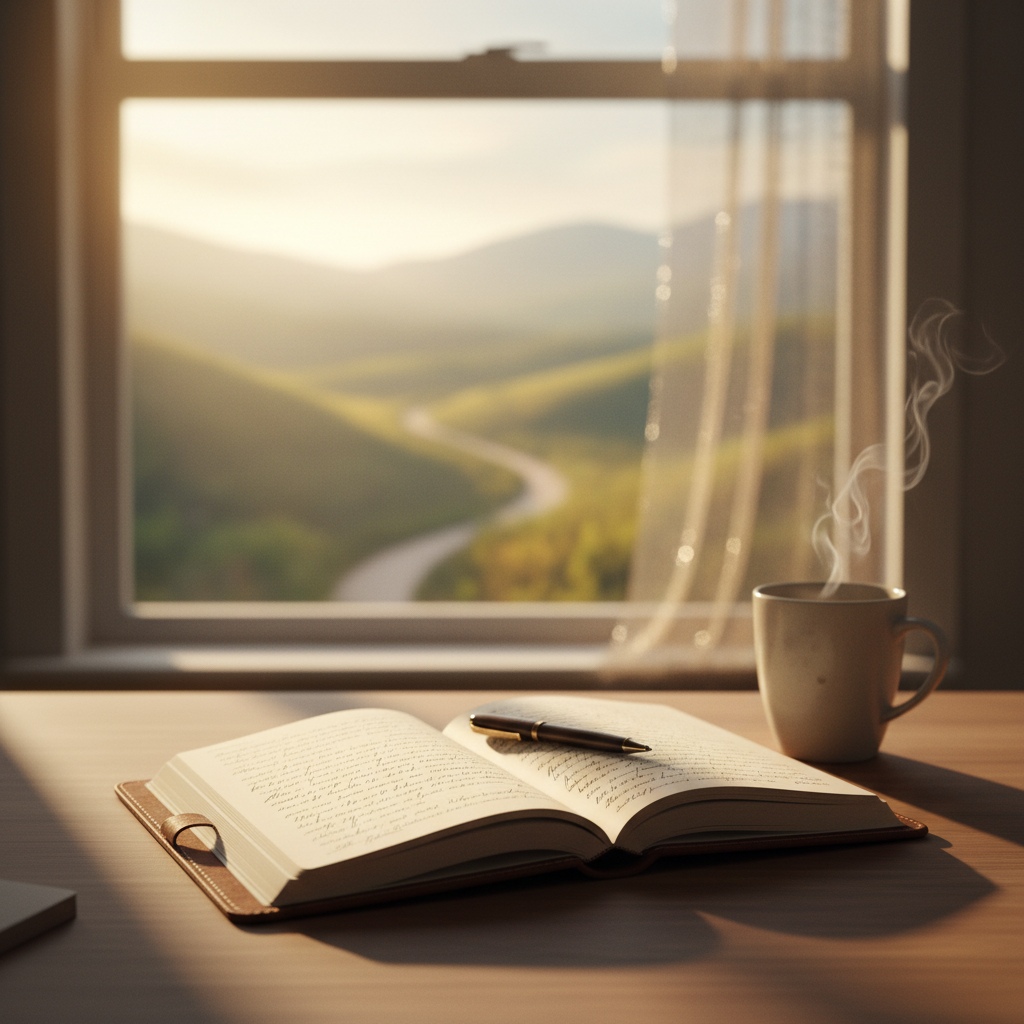 An open journal filled with handwritten text, illuminated by soft morning light on a wooden desk, with a pen resting beside it.