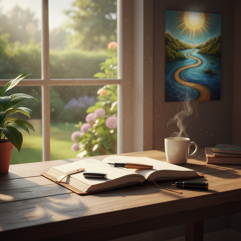 A neatly organized desk with an open notebook, a pen, and a cup of coffee, bathed in soft morning light, suggesting a productive and calm start to the day.