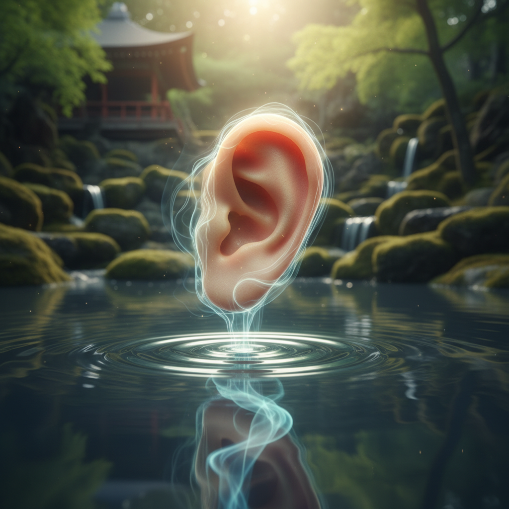 Close up of an ear, with subtle ripples emanating from the earlobe like sound waves on water, suggesting self-reflection and listening.