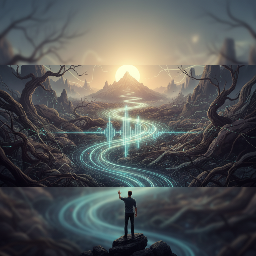 Abstract illustration of gentle, flowing sound waves in calming colors, representing focused listening and signal clarity amidst blurred background noise.