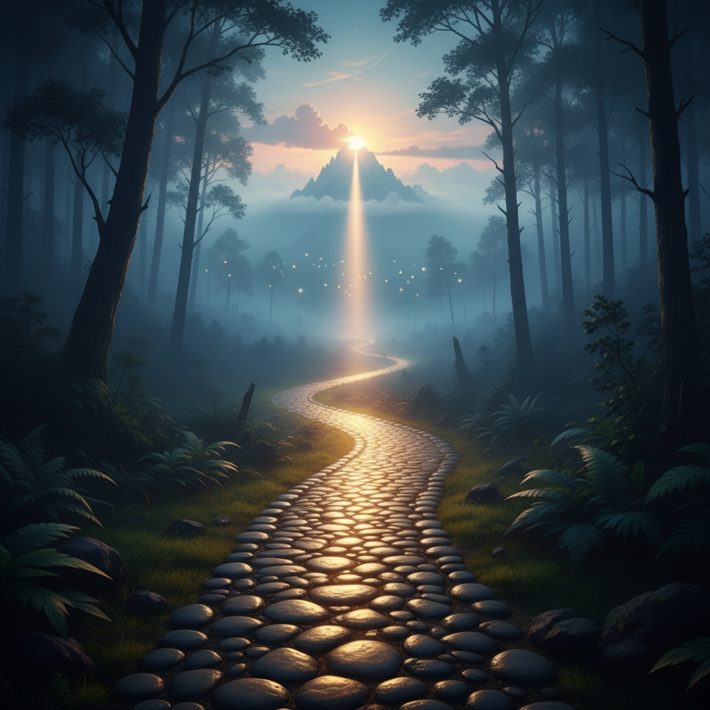 A single, strong beam of light cutting through a misty, dark forest, illuminating a clear path ahead.